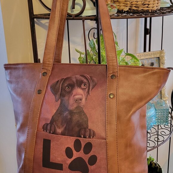 The Bradford Exchange "Peek-A-Boo Pup" Chocolate Lab Faux Leather Tote Ba - Picture 1 of 10